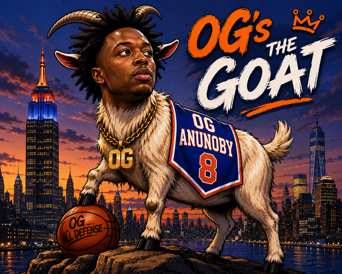 Illustration of OG Anunoby as a goat wearing his number 8 Knicks jersey in front of the New York skyline